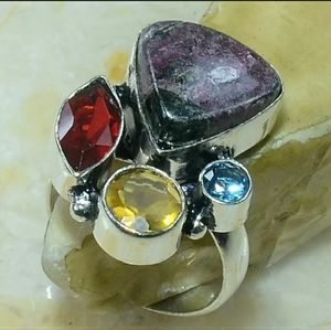 New Rhodochrosite, Garnet, Blue Topaz, Citrine 925 Silver Ring.
